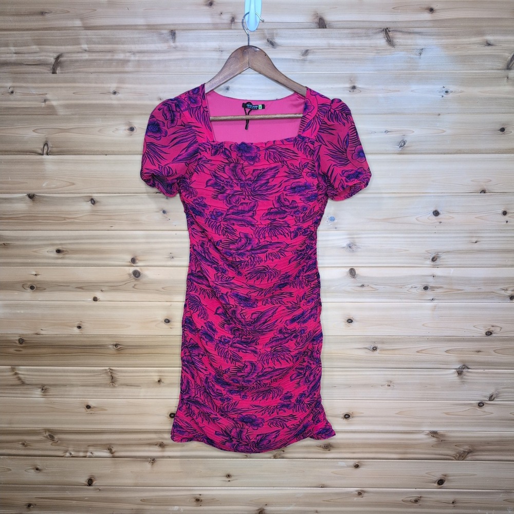 Tokyo Talkies Urban Pink Purple Tropical Floral Ruched Mini Bodycon Dress Small